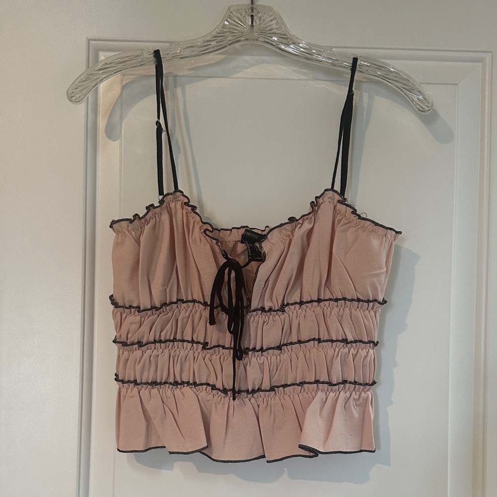 Forever 21 Blush Ruffled Blouse with Black Trim